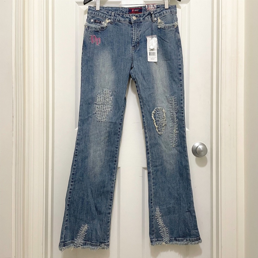 Platinum Plush Women Size 11 Flare Jeans Distressed Rhinestone Embellished
